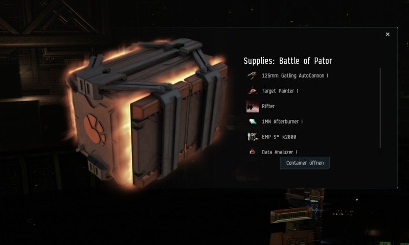 Opened gift box with a Rifter and matching gear as a day-2 starter for the Minmatar mission.