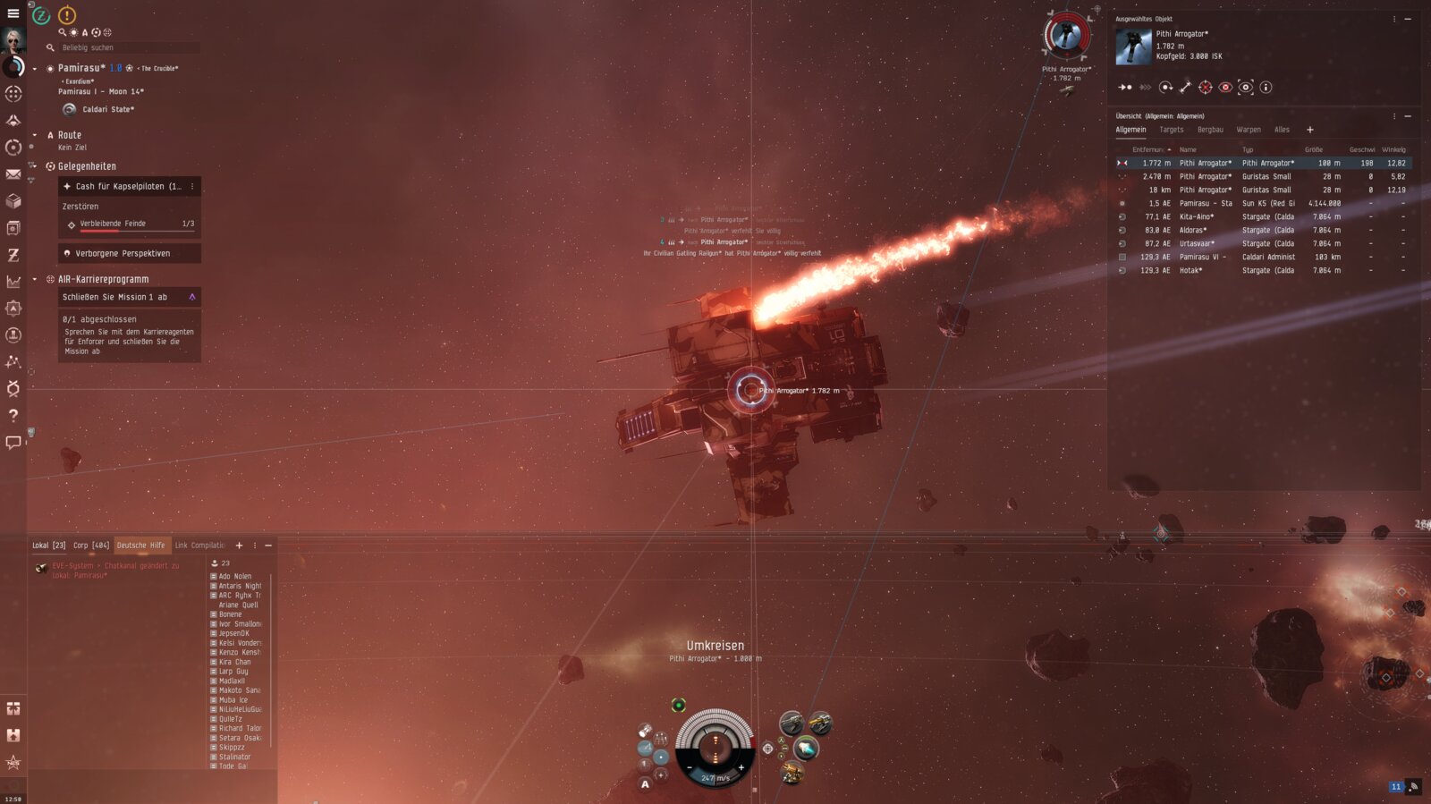 Burning Pithi Arrogator frigate under fire from an Ibis Civilian Gatling Railgun in the red nebula of Pamirasu.