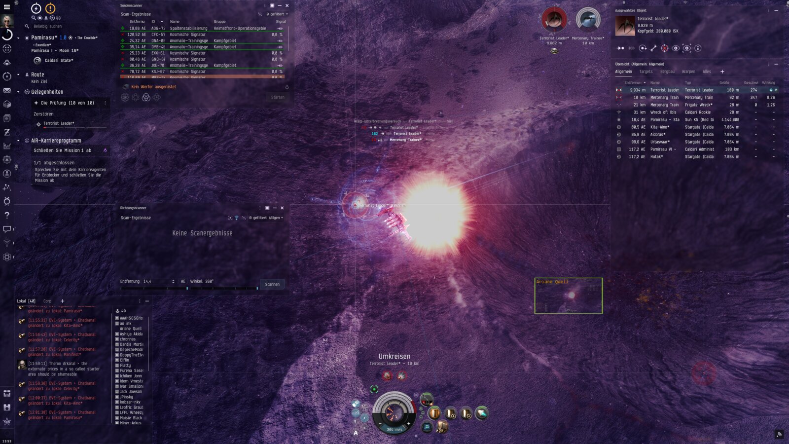 Detonation of an enemy frigate in violet nebula above an asteroid surface.