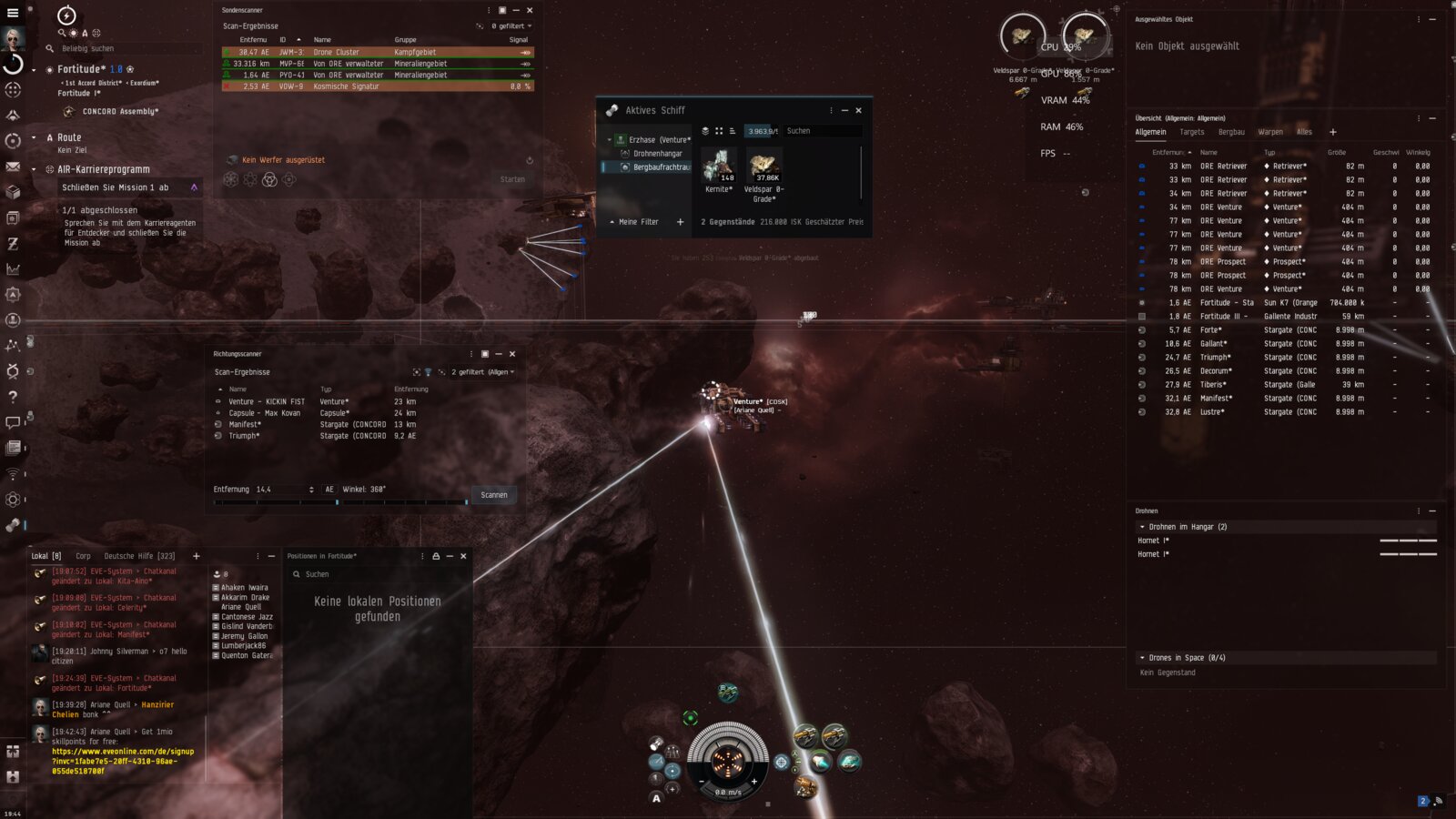 Venture mining frigate with two active mining lasers on an asteroid in the red nebula.