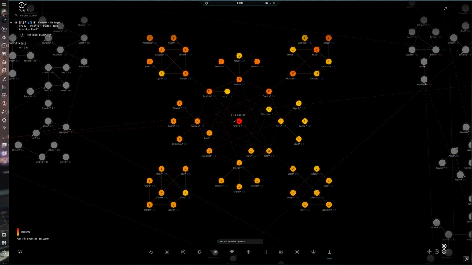 Map of the Exordium region, all visited systems marked orange, the current location Manifest in red, neighbouring regions greyed out at the edges.