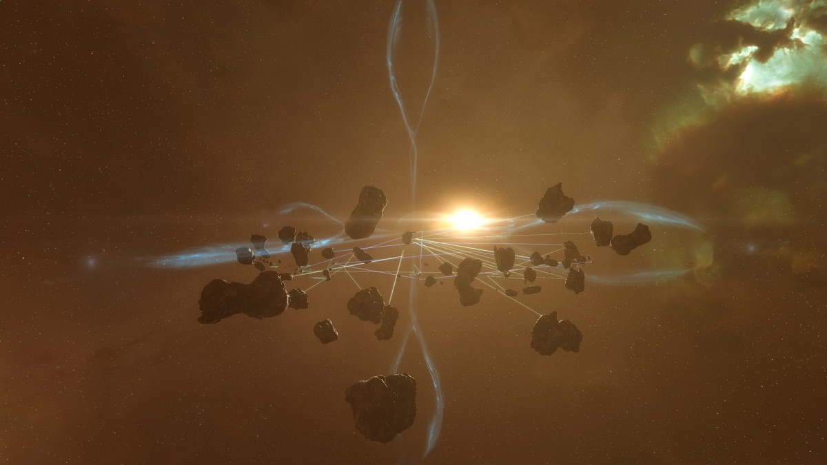Asteroidenbelt von oben, blaue Miningstrahlen von Schiffen zu Asteroiden, goldene Nebelkulisse
