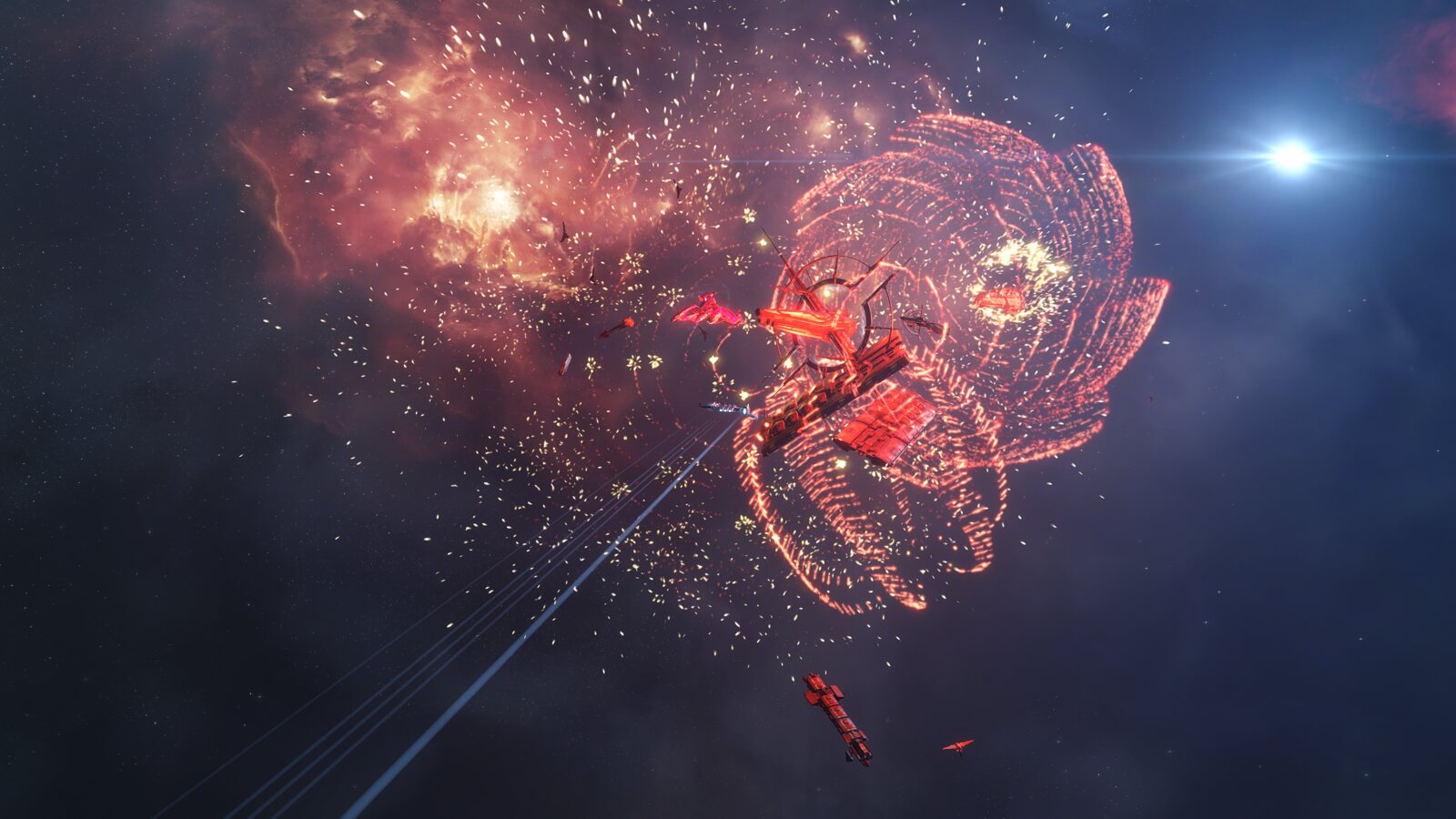 The frigate Fritz, tiny against fireworks on arrival at Jita.