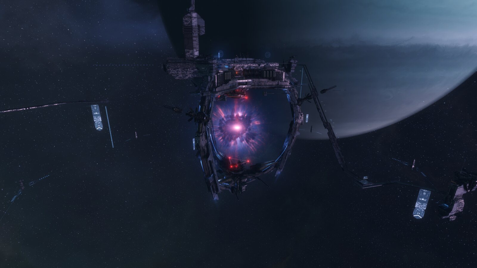 A frigate vanishes into the light cone of a Shipcaster at the edge of Exordium.