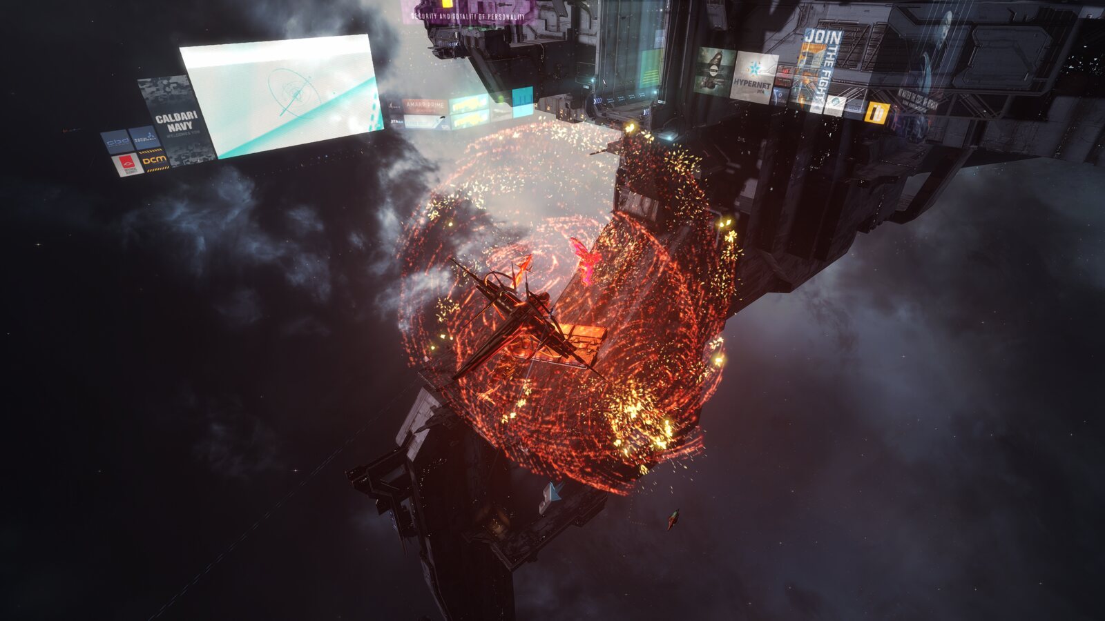 Fireworks and advertising overlays in front of the flank of station Jita 4-4.