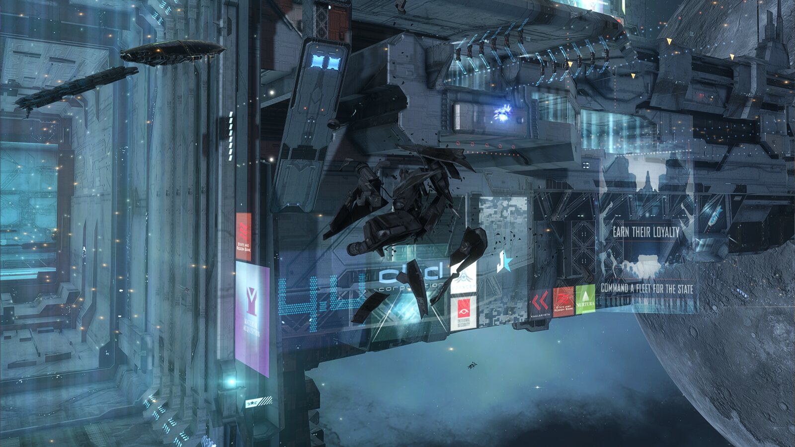 Drifting ship wrecks in space in front of station Jita 4-4.