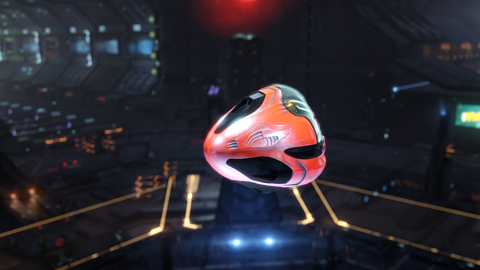 A capsule hovers over a docking pad in a station hangar.